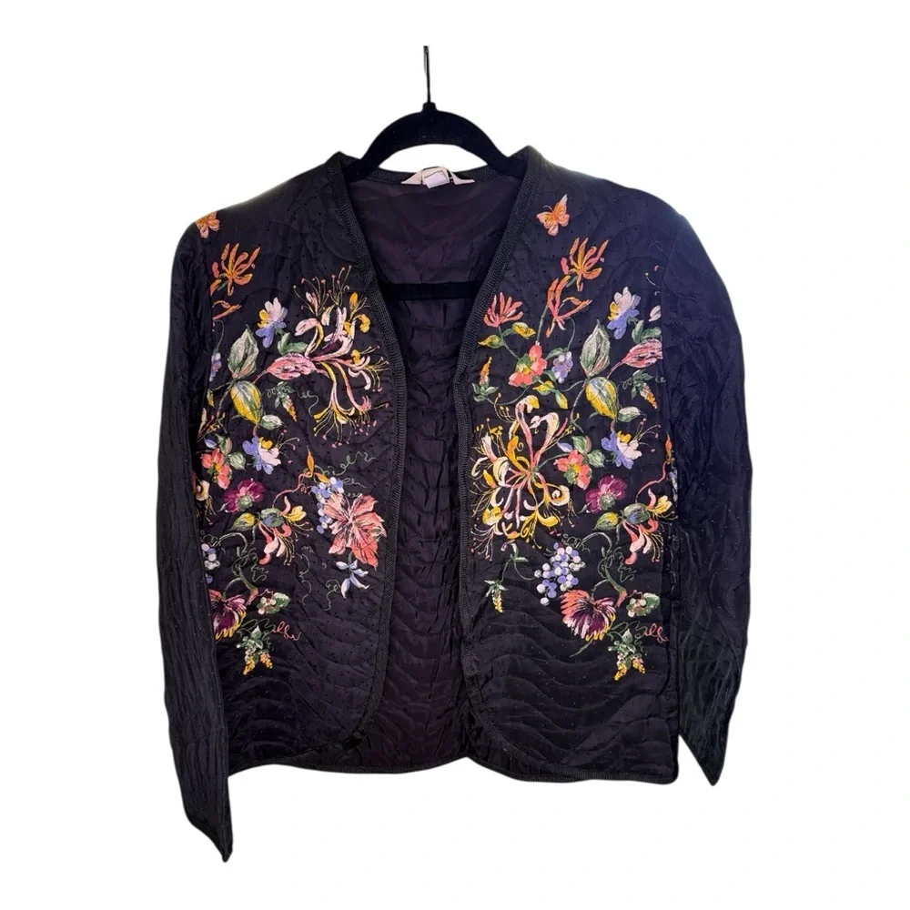 Vintage Bar I Black Quilted Floral Jacket Medium Boho Art To Wear Cottagecore